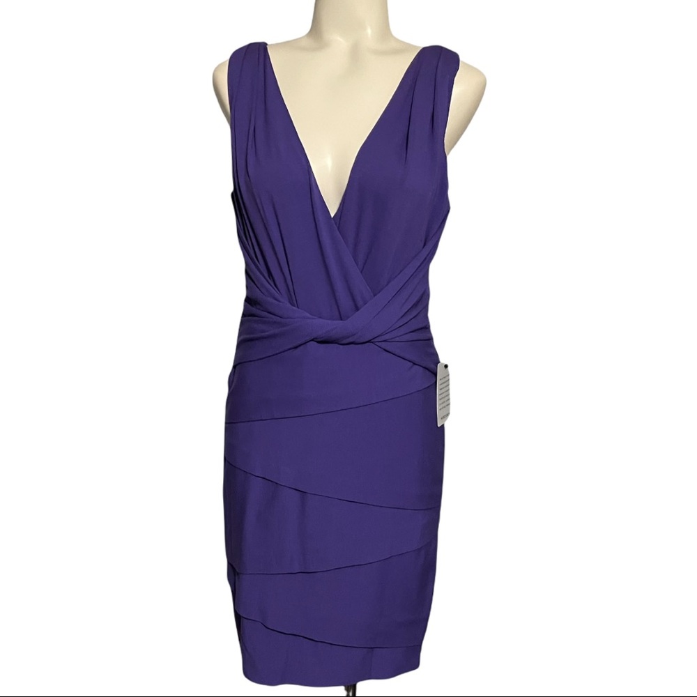 Nicole Miller Artelier Silk Purple sheath bodycon Tiered Stretch Dress Size L